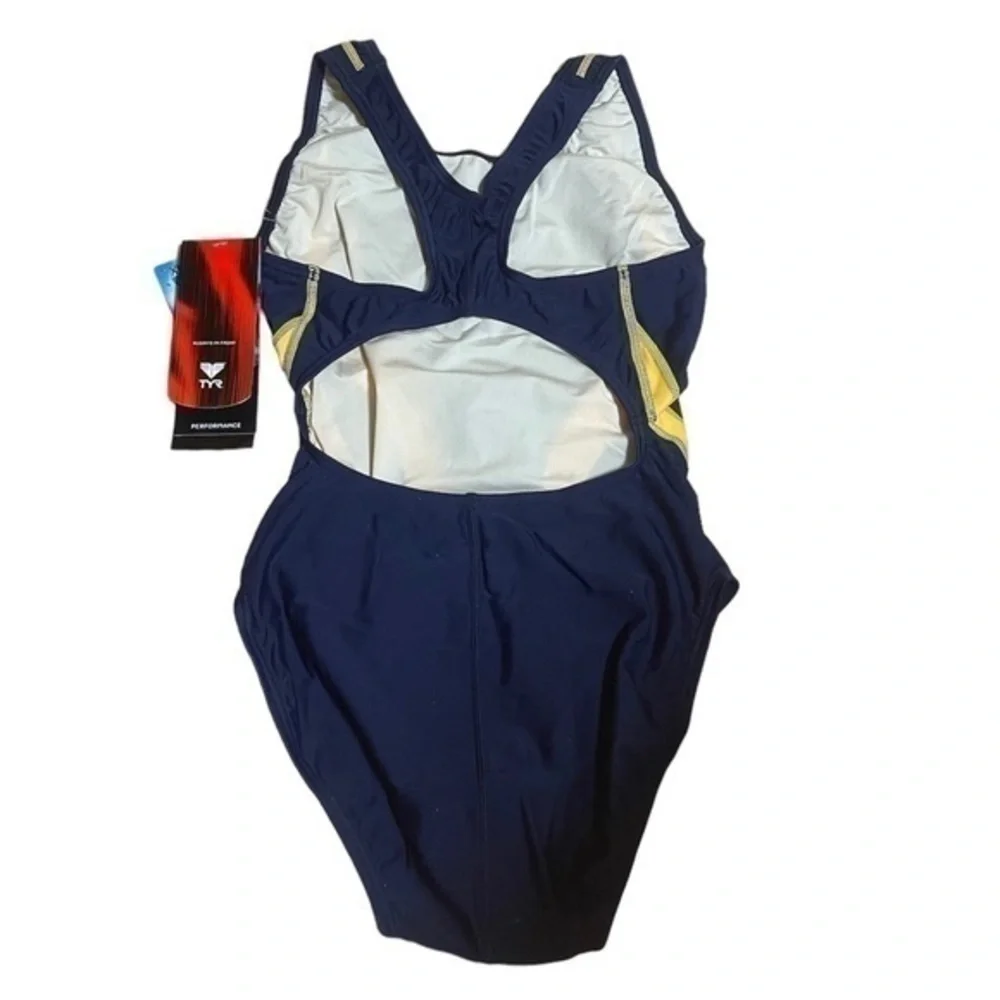 TYR Girl’s  Alliance Splice Maxback Swimsuit - Navy Gold - Size 32 (13/14) NWT
